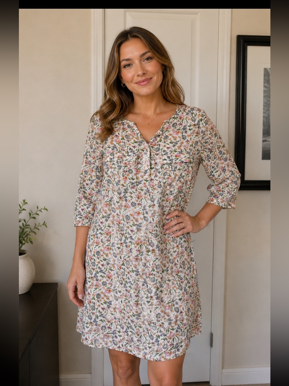 H&M White Floral all-over print 3/4 Sleeve Shirt Dress, summer dress Size 10 - Picture 1 of 9